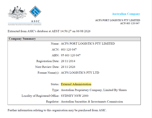 An ASIC notice confirming ACFS Port Logistics is in external administration. Credit: ASIC