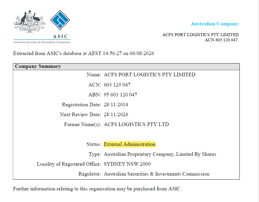 An ASIC notice confirming ACFS Port Logistics is in external administration. Credit: ASIC