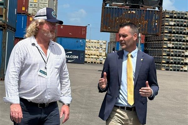 Todd Emmert (left), director of QUBE Bulk with Townsville MP Adam Baillie. Credit: NSS
