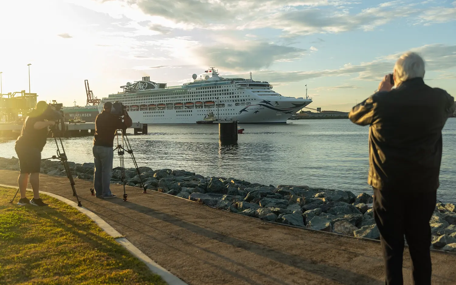 Media filming the first cruise ship arrival at the BICT