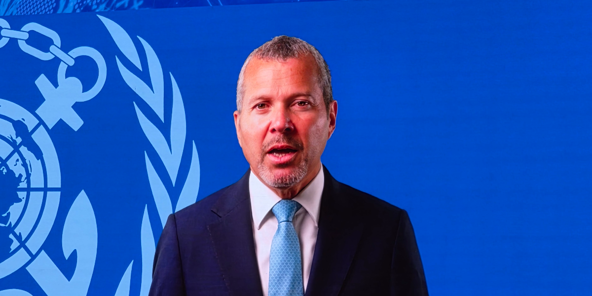 IMO Secretary-General Arsenio Dominguez speaks via video. Image: David Sexton/DCN