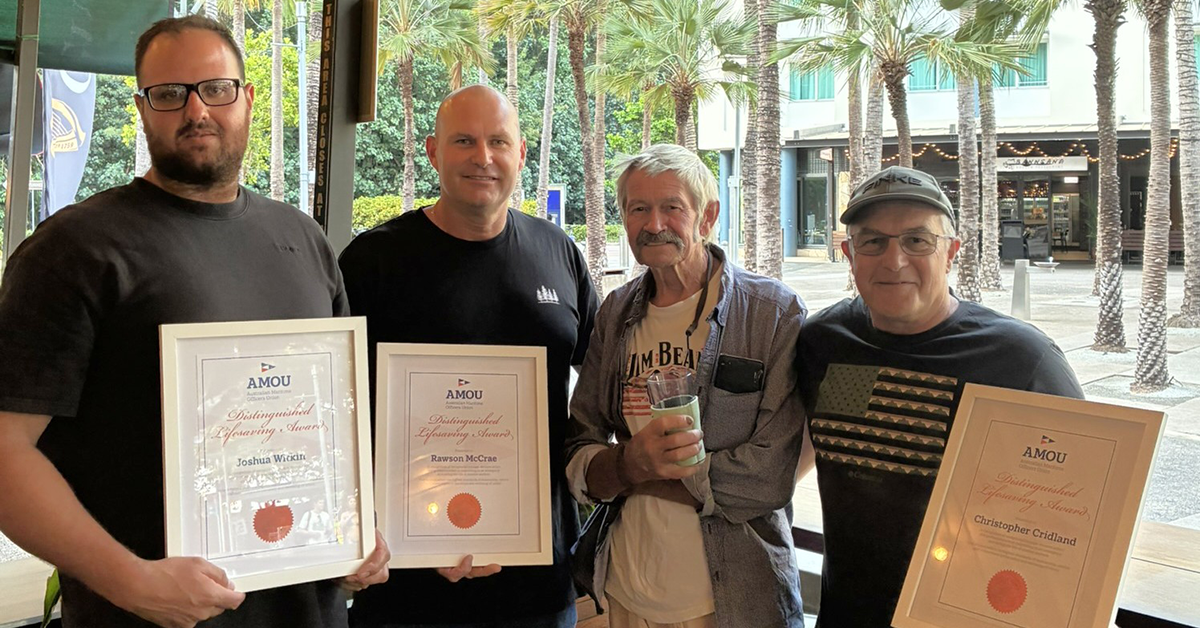 The Australian Maritime Officers Distinguished Lifesaving Award recipients with sailor Digby Campbell. Image: AMOU