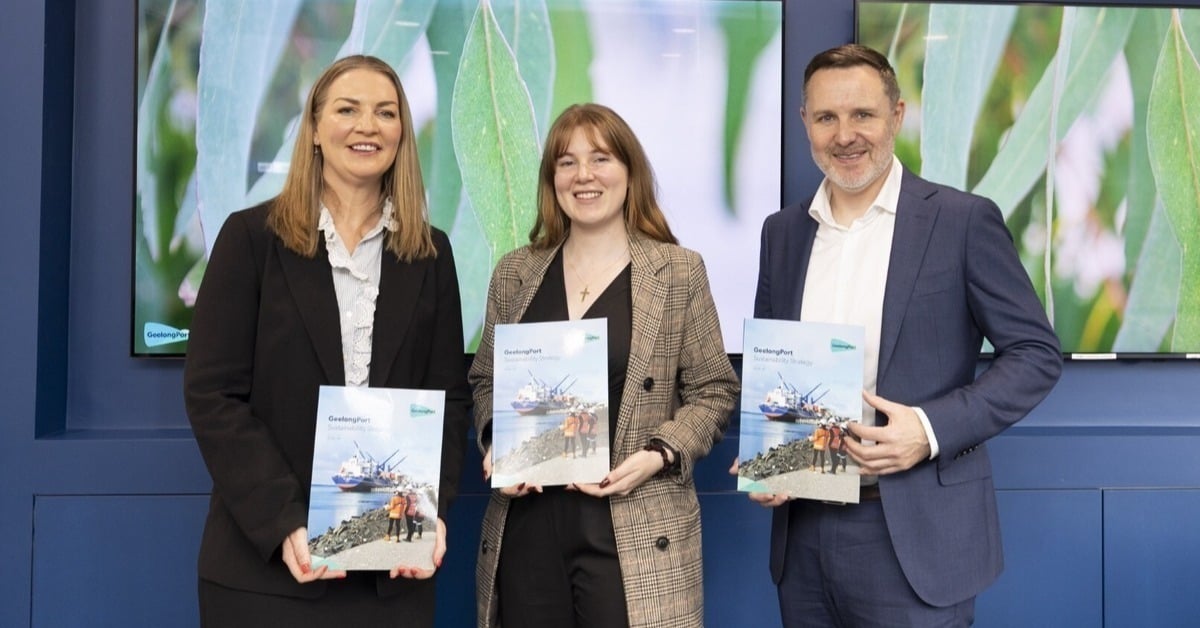 From left, GeelongPort's Chief Legal and Sustainability Officer Stephanie Pickett, Sustainability Manager Emily Lamb & CEO Brett Winter. Image: GeelongPort
