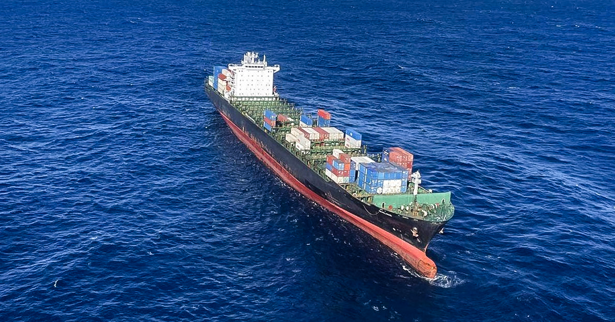 The containership Shiling after breaking down in the Tasman Sea. Image: Nelson Marlborough rescue helicopter, via TAIC