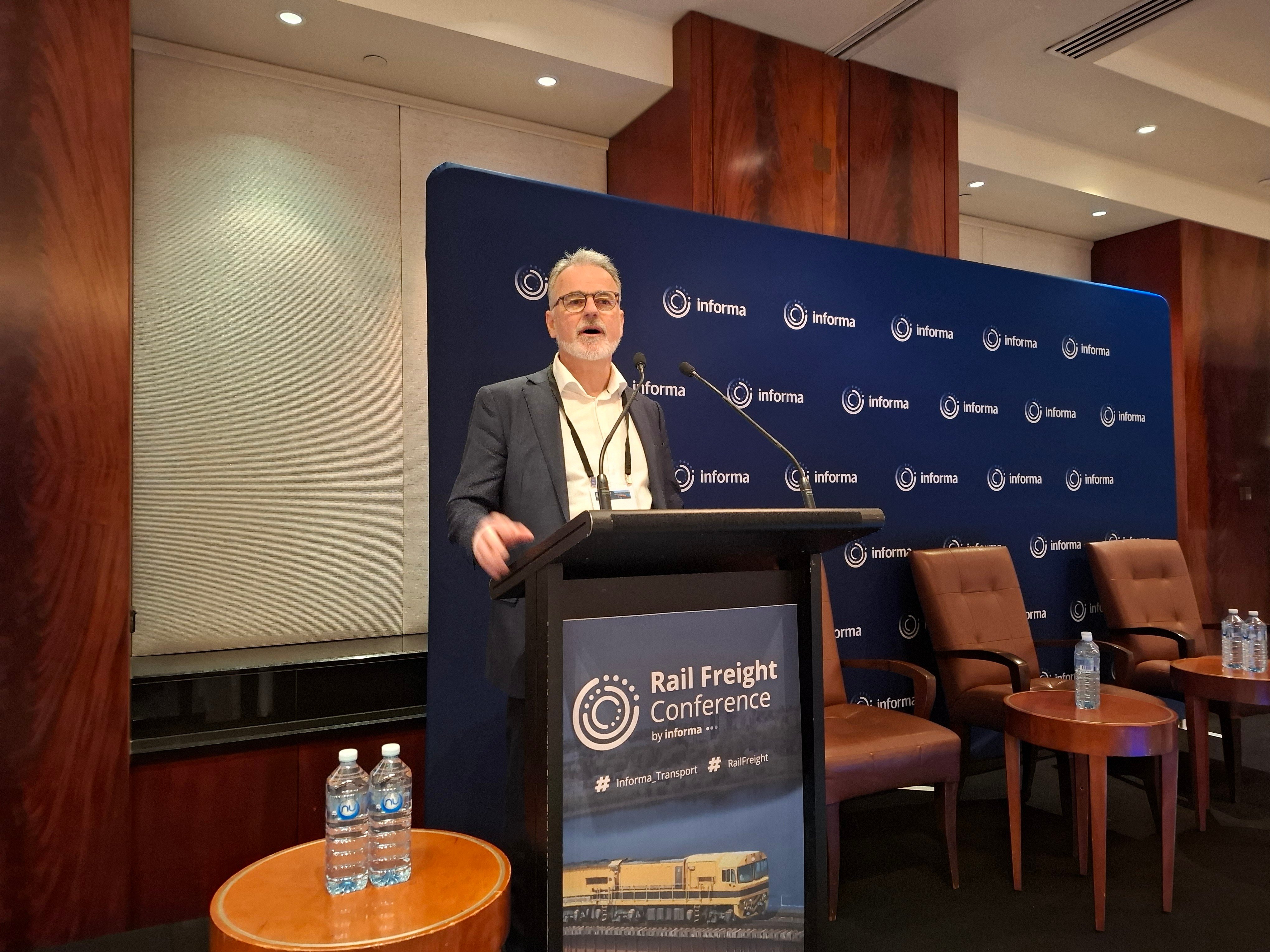 Pacific National's Paul Williams addresses the Informa Rail Conference. Credit: Max Berry