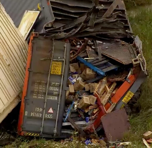 A closeup of one of the containers smashed in the derailment