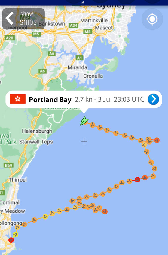 An image showing the track of Portland Bay from Port Kembla