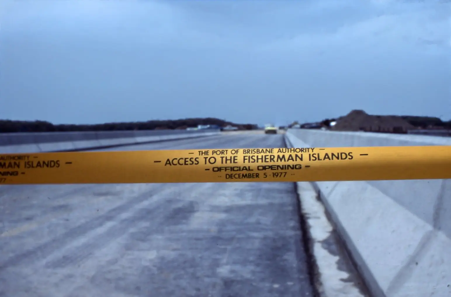 Long shot of ribbon at Fisherman Islands opening at Brisbane, 1977