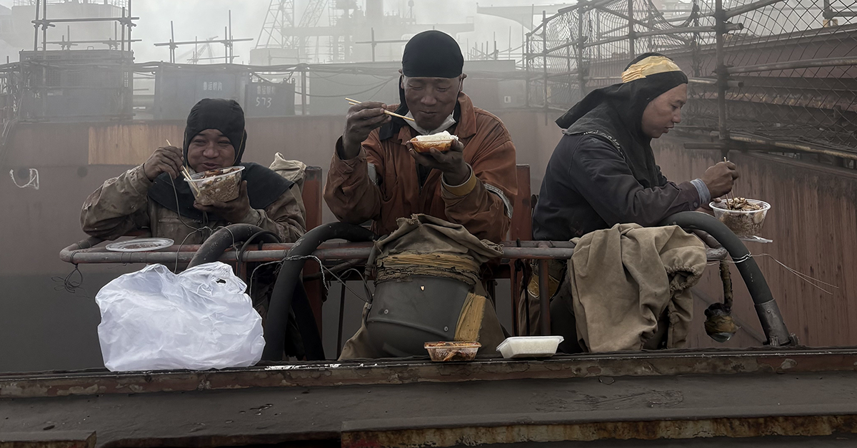 This photo, titled "Lunch above the hull" was a joint winner of Mission to Seafarers Sydney's inaugural 2026 International Day of the Seafarers – Life at Sea Photography Competition. Image: Stratos Mastrantonis