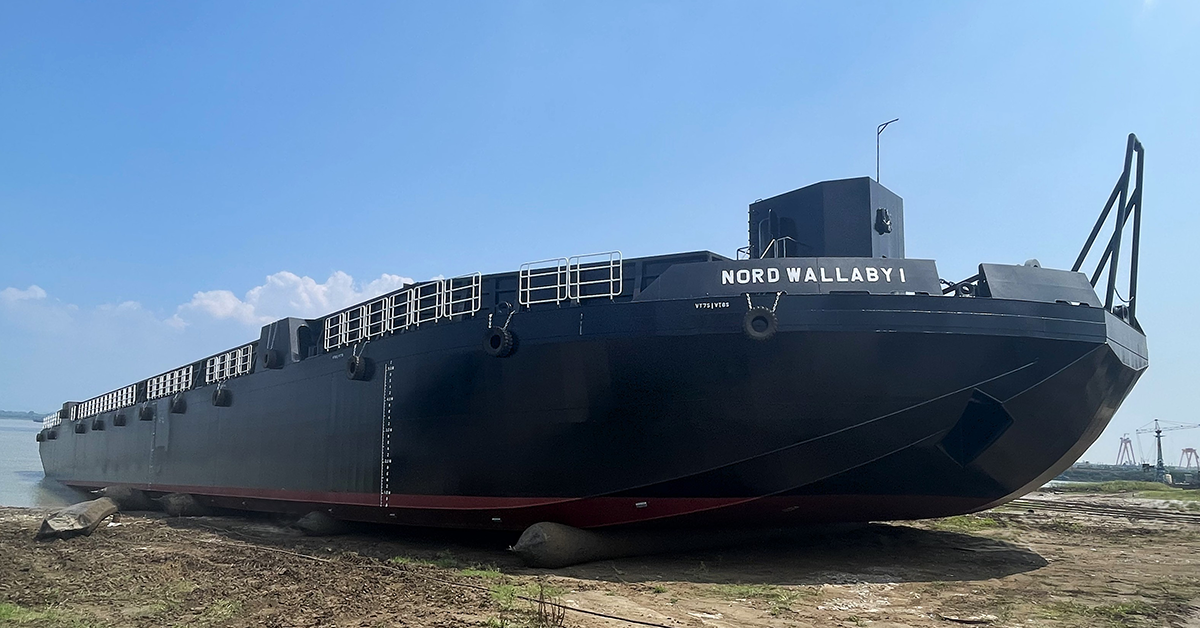 The launch of barge Nord Wallaby I. Image: AMS
