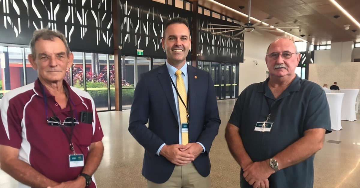 Norm Morley (left) and Terence Sadd (right) with Townsville MP Adam Baillie. Image: NSS