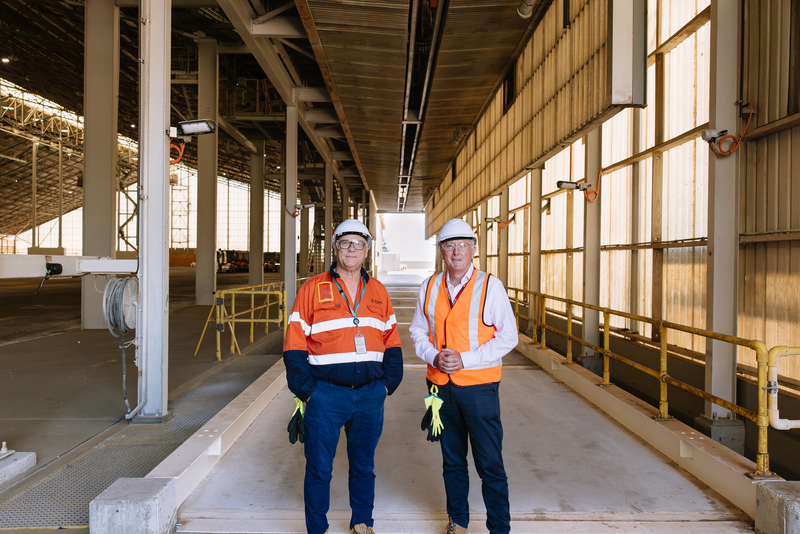 Ports minister Stephen Dawson and Southern Ports CEO Keith Wilks in the refubished shed. Image: Southern Ports