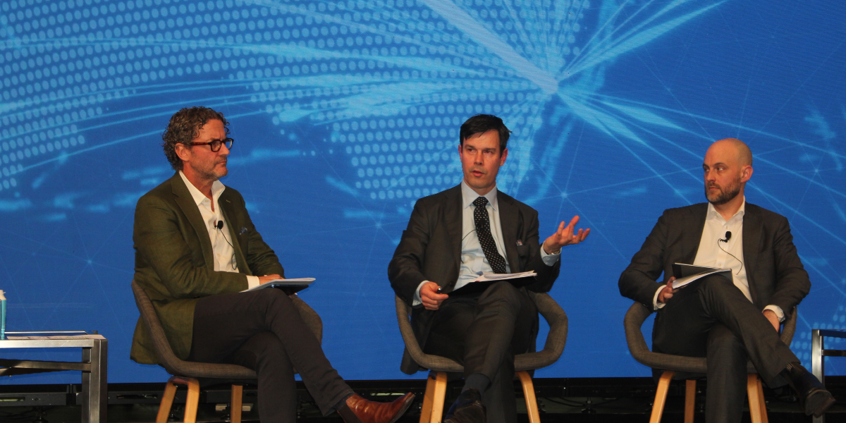 Port of Melbourne CEO Saul Cannon (far left) with DFAT assistant trade secretary Kyle Naish and Infrastructure Australia CEO Adam Copp. Image: David Sexton/DCN