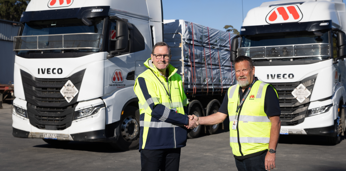 Geoff Gruebner, CEO, Strait Link with Bruce Monson (right), founder and owner, Monson Logistics. Credit: Strait Link
