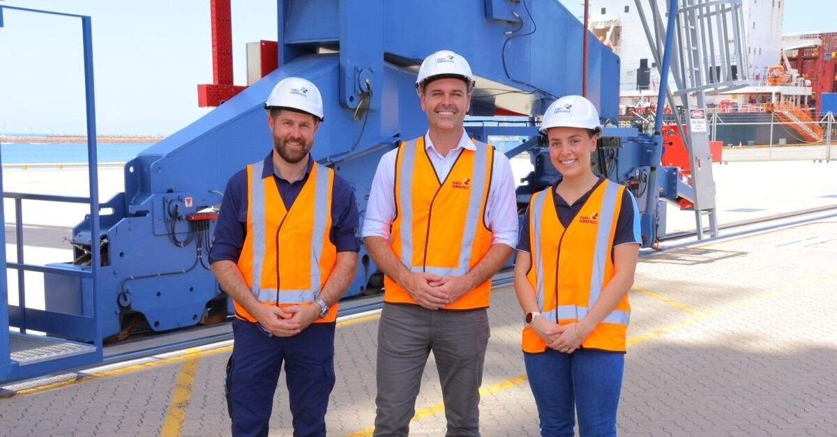 Port of Townsville acting manager port services James Hampton, Townsville MP Adam Baillie and Port of Townsville corporate affairs officer Gabi Boccalatte inspect the Berth 3-4 rail join project. Image: Port of Townsville