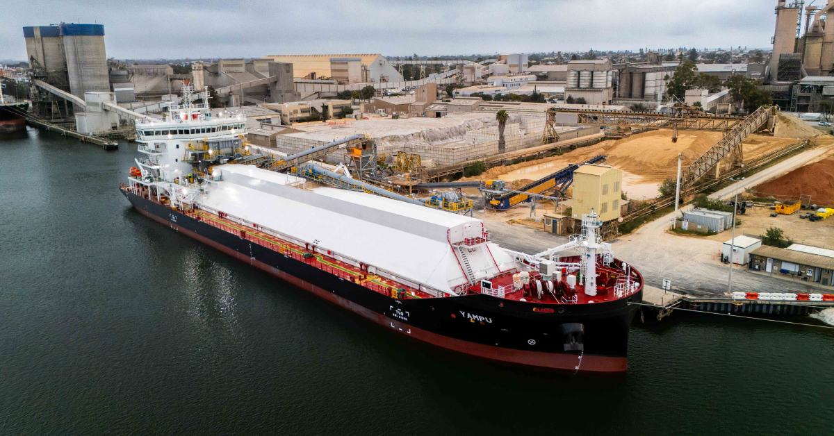 MV Yampu discharging limestone cargo at Port Adelaide. Image: CSL Group