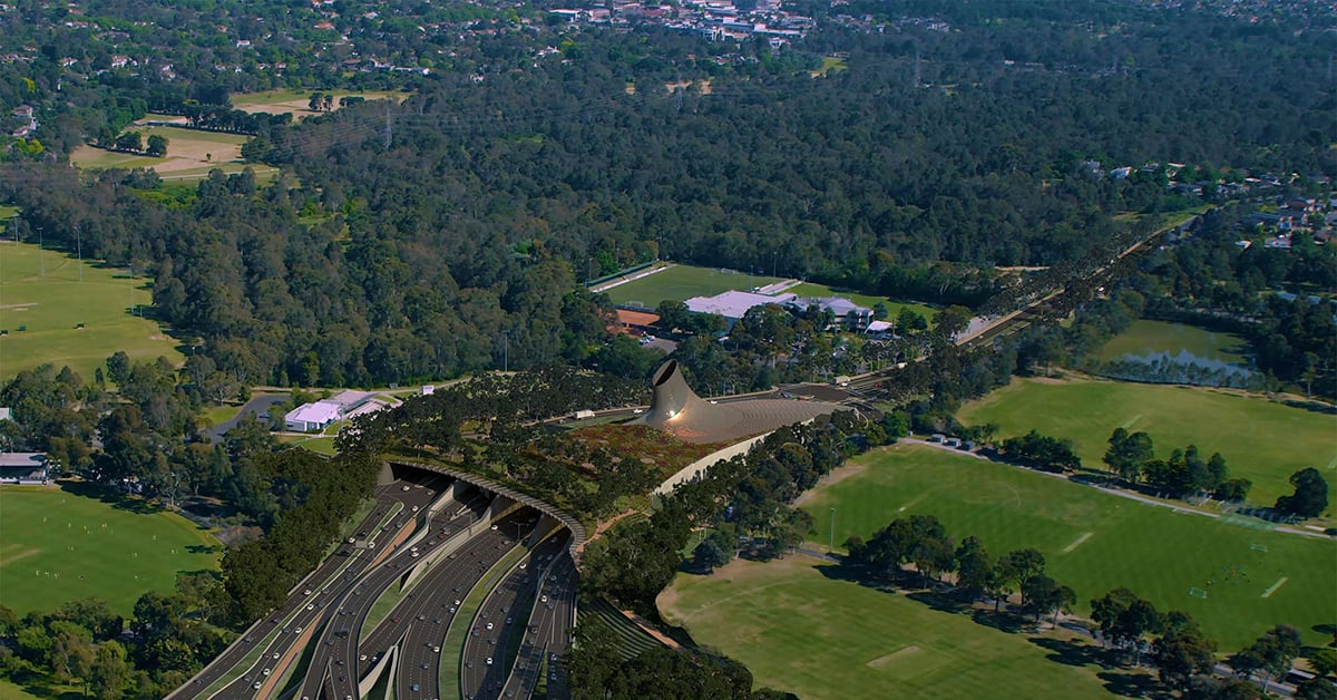 Artist's impression aerial view of the southern portal and Yarra Link green bridge. Image: State Government of Victoria