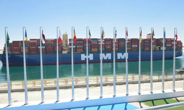 Giant box ship transits Suez Canal