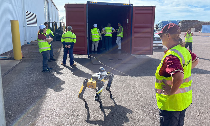 Quadrupedal robot inspects container at port