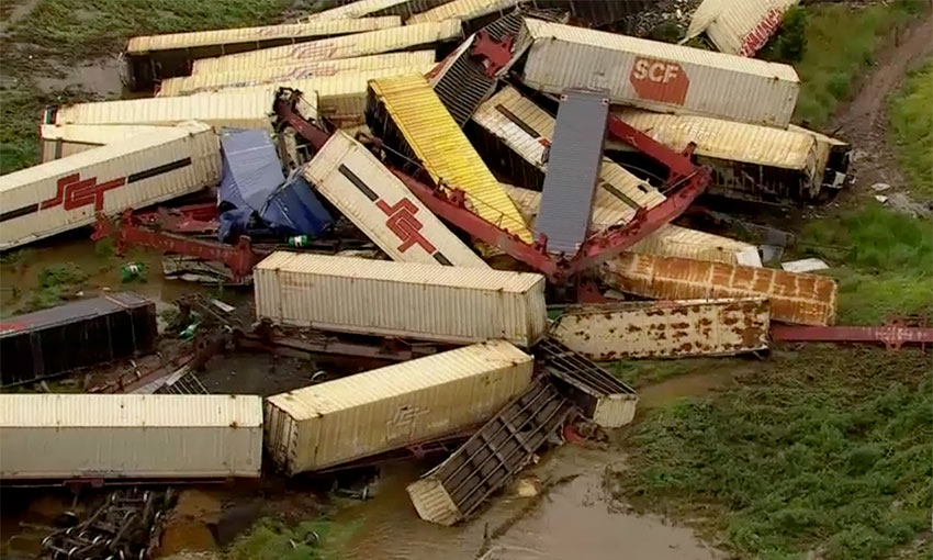 Freight train derailment causes container pile-up, closes rail corridor